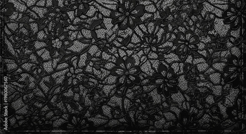 Ornate black lace fabric with intricate floral and vine patterns