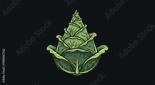 A stylized green cabbage with layered leaves against a dark background