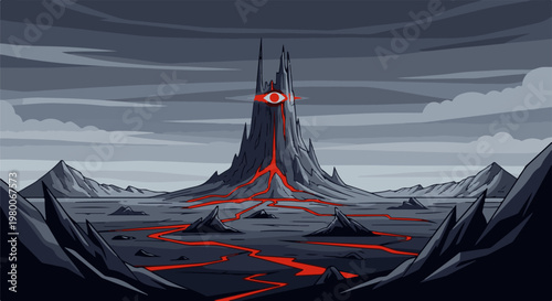 Pixelated volcanic mountain with eye and lava flows under stormy sky
