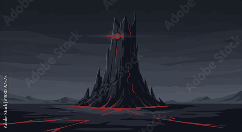 Pixelated dark tower with glowing red eye on a desolate, volcanic landscape