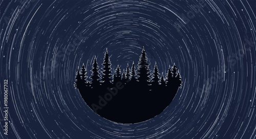 Dark forest silhouette against a swirling starry night sky