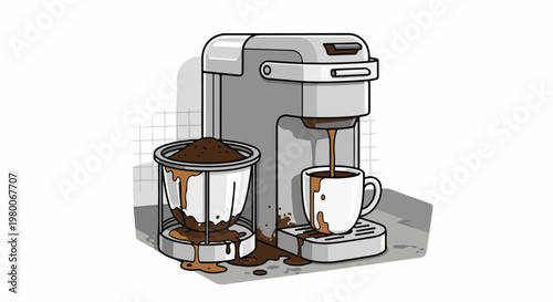 Coffee machine dispensing into a cup with overflow and grounds