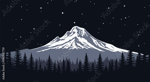 Pixel art night scene of a snow-capped mountain over a pine forest