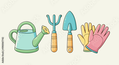 Cartoon gardening tools watering can, fork, trowel, and gloves