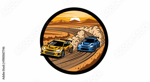 Two sports cars race kicking up dust on a dirt track under a sunset