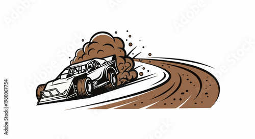 A race car speeds around a dirt track, kicking up a cloud of brown dust
