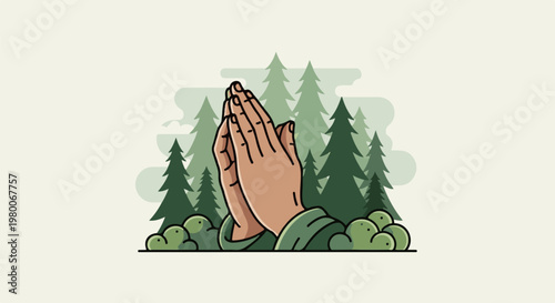 Praying hands in a serene forest clearing, surrounded by trees