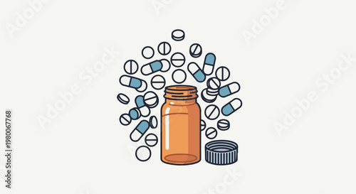 An open amber bottle with a pile of white and blue pills scattered around it