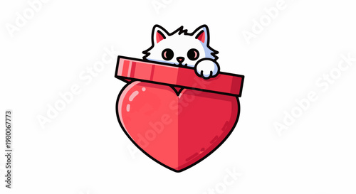 A cute white cat peeks over a red heart-shaped gift box