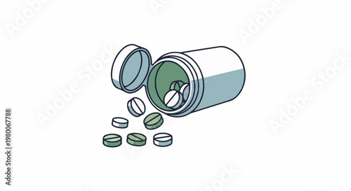 A white bottle with an open lid lies on its side, spilling green and white pills