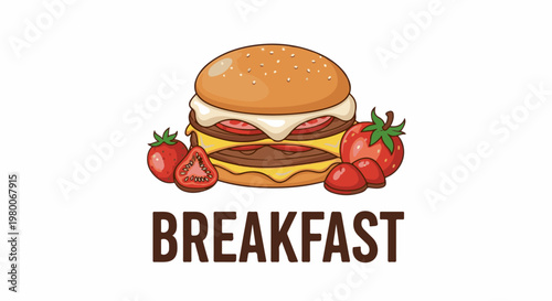 A cartoon breakfast burger with cheese, tomatoes, and strawberries
