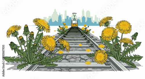 A trolley approaches on tracks lined with blooming dandelions toward a city skyline