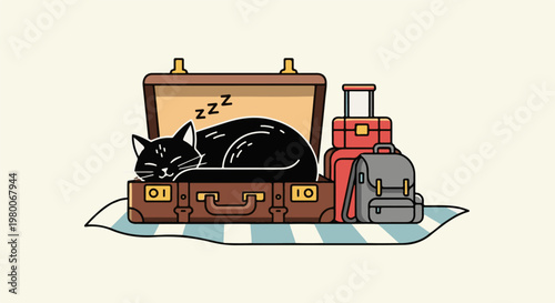 Black cat naps in an open suitcase with stacked luggage and backpack