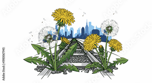 Railway tracks lead towards a city skyline, bordered by blooming dandelions