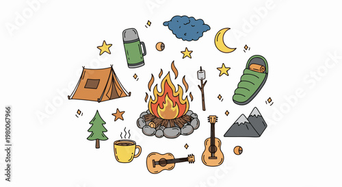 Outdoor camping scene with campfire, tent, sleeping bag, guitars, and starry sky