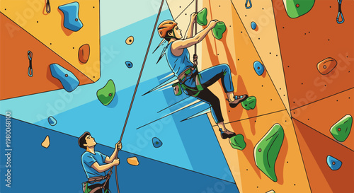 People climbing an artificial wall with colorful holds, one person belaying below