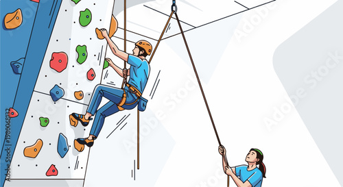 Two people climbing an indoor wall with ropes and harnesses