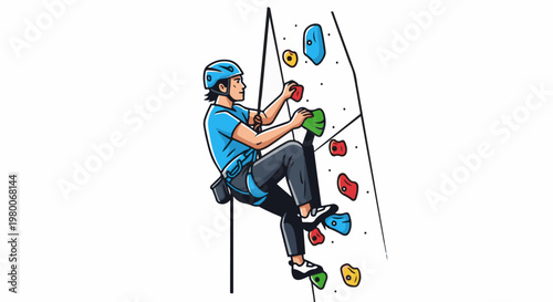 A person in safety gear ascends a colorful indoor climbing wall