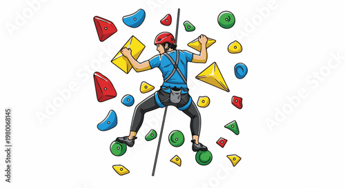 Cartoon athlete in safety gear climbs an indoor rock wall
