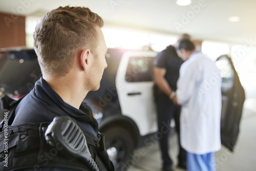 Police Officer Putting a Suspect Doctor into a Police Car