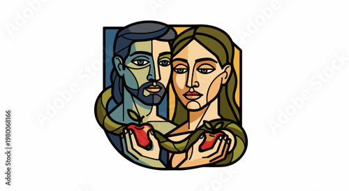 Stylized figures of a man and woman, holding apples, with a serpent coiled around them