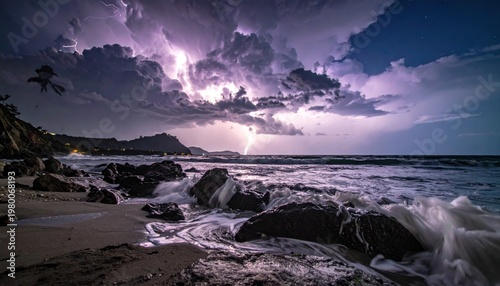 Dramatic Ocean Waves Crashing on Rocky Beach.