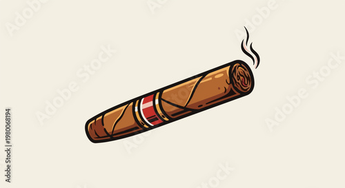 A brown, lit cigar with a red and gold band, smoking wisps of smoke