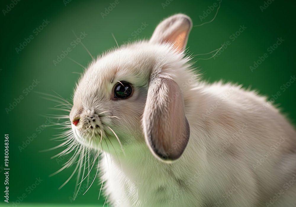 Obraz premium Close-up portrait of a cute lop-eared rabbit with soft fur and large eyes on a green background cute animal photography farm animal pet rabbit long ears portrait wildlife adorable
