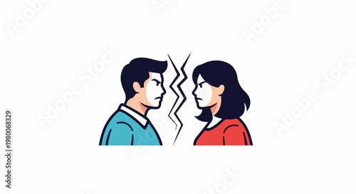 Cartoon couple in profile facing each other across a crack