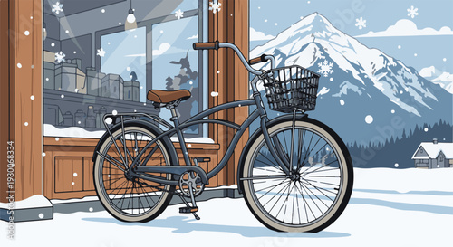 A cruiser bicycle parked outside a shop during a gentle snowfall