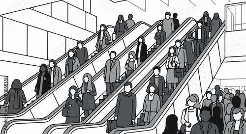 Stylized black and white illustration of many people on escalators
