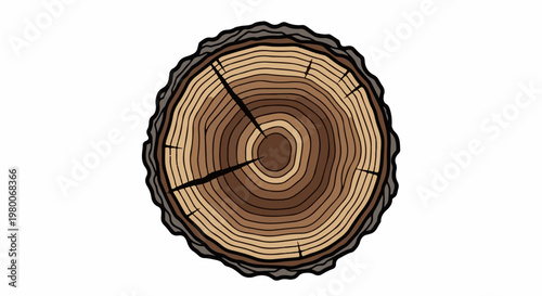 A stylized illustration of a tree stump showing growth rings, bark textures, and cracks