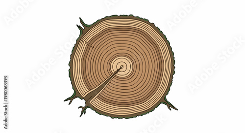 Cross section of a tree trunk showing growth rings and a split