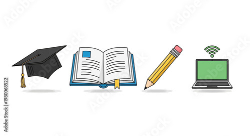 A 3d graduation cap and diploma rest on a pile of books and a laptop, symbolizing the fusion of traditional education and modern technology for learning in a digital library