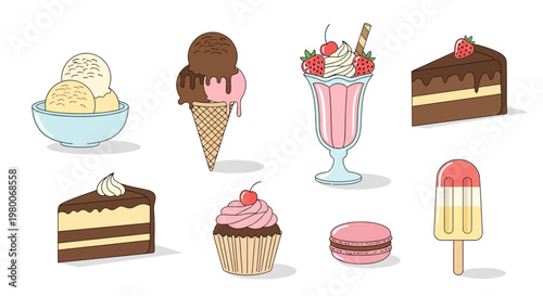 Delicious dessert set featuring cute cartoon ice cream icons and sweet bakery treats like chocolate cupcakes, muffins, and cherry topped cakes in a seamless fruit pattern vector illustration