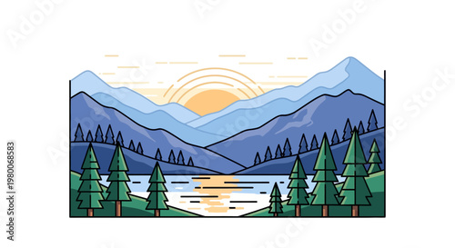 Vector illustration of a summer nature landscape featuring a green mountain hill with trees, a small village house, and white clouds in the blue sky