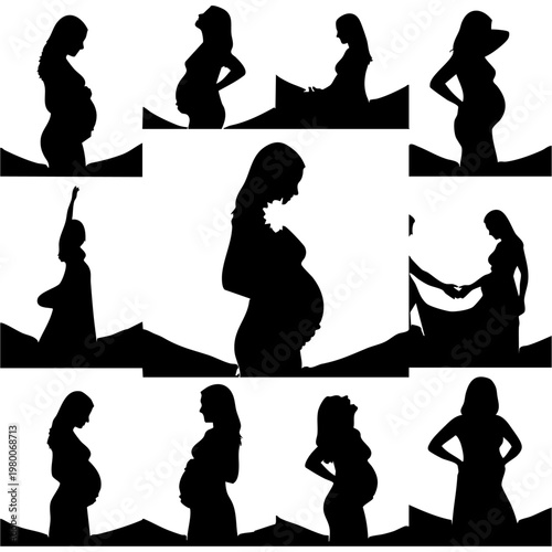 Silhouettes of pregnant women set in various poses on white