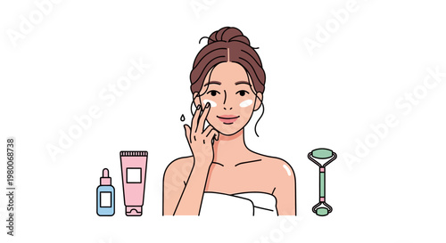 A smiling young brunette woman applies mascara while talking on her mobile phone, reflecting a cheerful blend of beauty and business communication