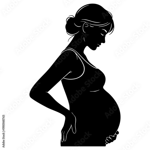 Silhouette of pregnant woman holding belly and lower back pain
