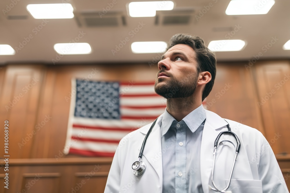 Fototapeta premium Hopeful Doctor Looking Up in a Courtroom with American Flag