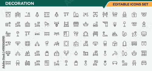Decoration line icon set. Art and Design related icon set. Isolated icons. Pictograms of art, room, house architecture, house, desing and more. Vector collections.