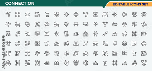 Connection icon set in linear style. Contains such icons as tech, technology, datum, net, global, network and more. Net icon set. Vector icons collection. Editable vector illustration.