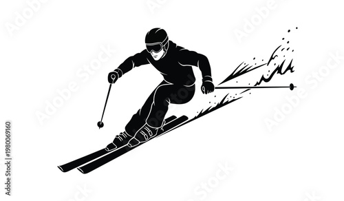 A dynamic illustration depicts a skier in motion powerfully descending a snow covered slope presented as a striking silhouette high quality professional detailed modern