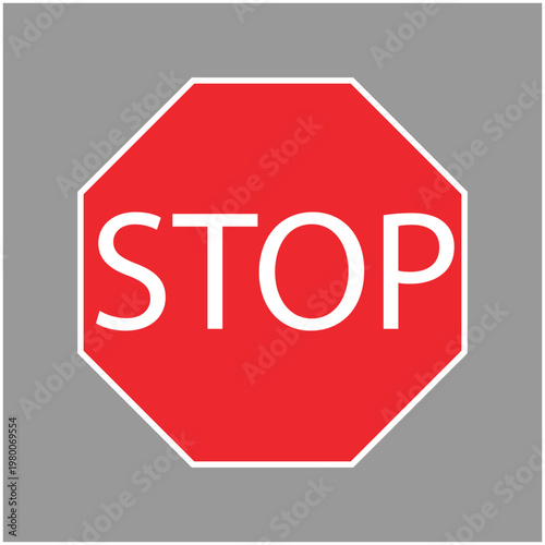 Red stop sign vector illustration, octagonal traffic warning symbol, flat regulatory road sign icon for safety and transportation design