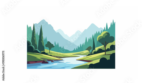 Modern mountain river landscape colorful vector illustration with trees isolated on white background