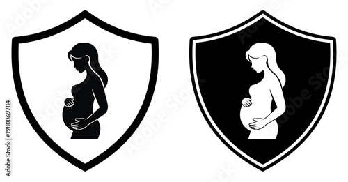 pregnant woman, pregnancy, maternity, mother, baby, protection shield icon set showing prenatal care, female silhouette, motherhood safety, healthcare protection concept for medical and family use