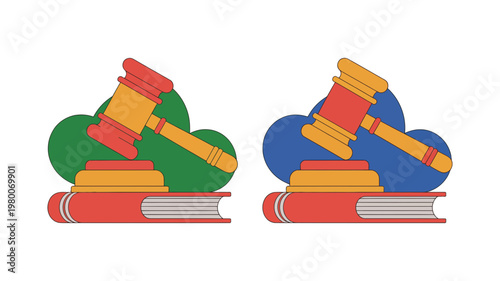 Two colorful wooden judge gavels resting on stacks of red law books representing legal justice and equity