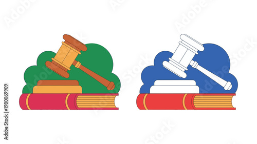 Dual judge gavel and law book concept illustration in vibrant color and simple black and white outline