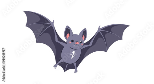 Cute cartoon bat flying with its wings spread wide showing a friendly face and a small skeleton detail on its chest for Halloween fun.