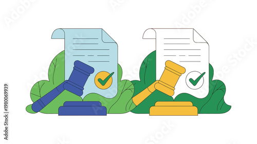 Judge gavel with approved legal document and checkmark for judicial verdict and justice system theme